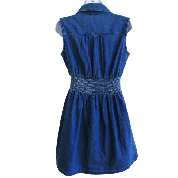 Vintage Denim Dress Full Zipper Smocked Waist Chest Flap Pockets Cotton India M - Picture 3 of 7